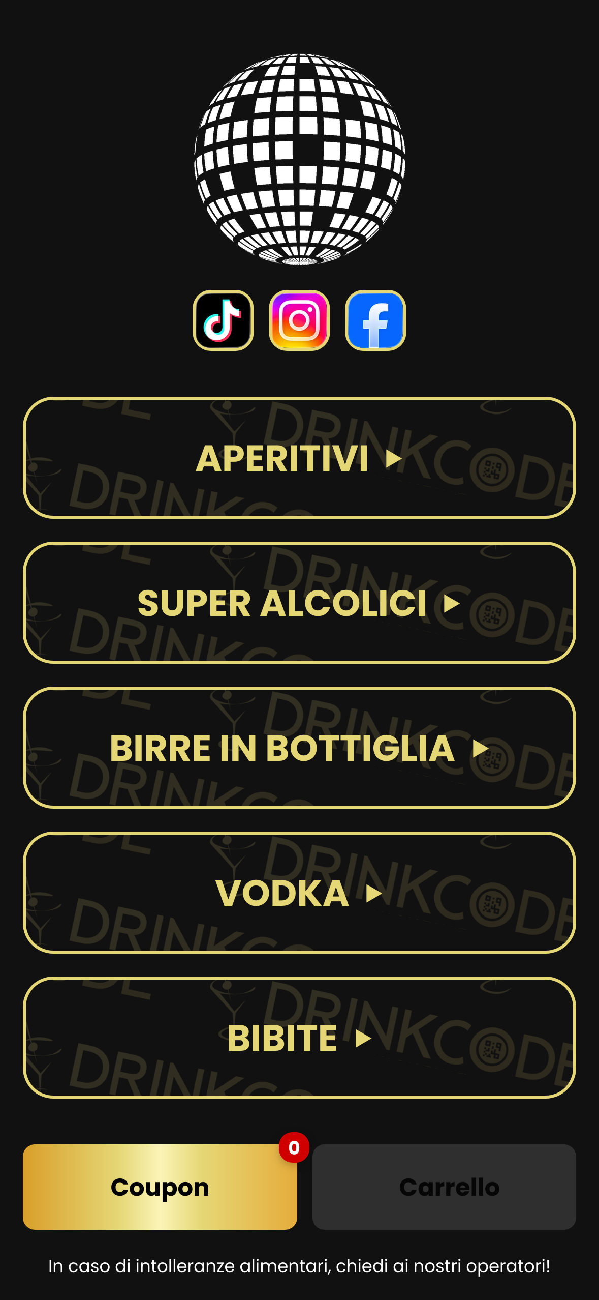 Schermata menu app DrinkCode